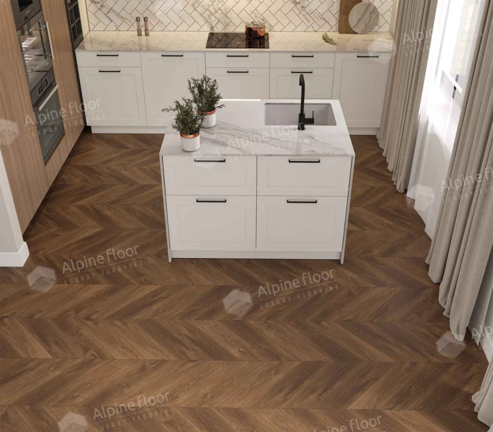 Кварц-винил Alpine floor Шеврон 18-13 Дуб Коричневый