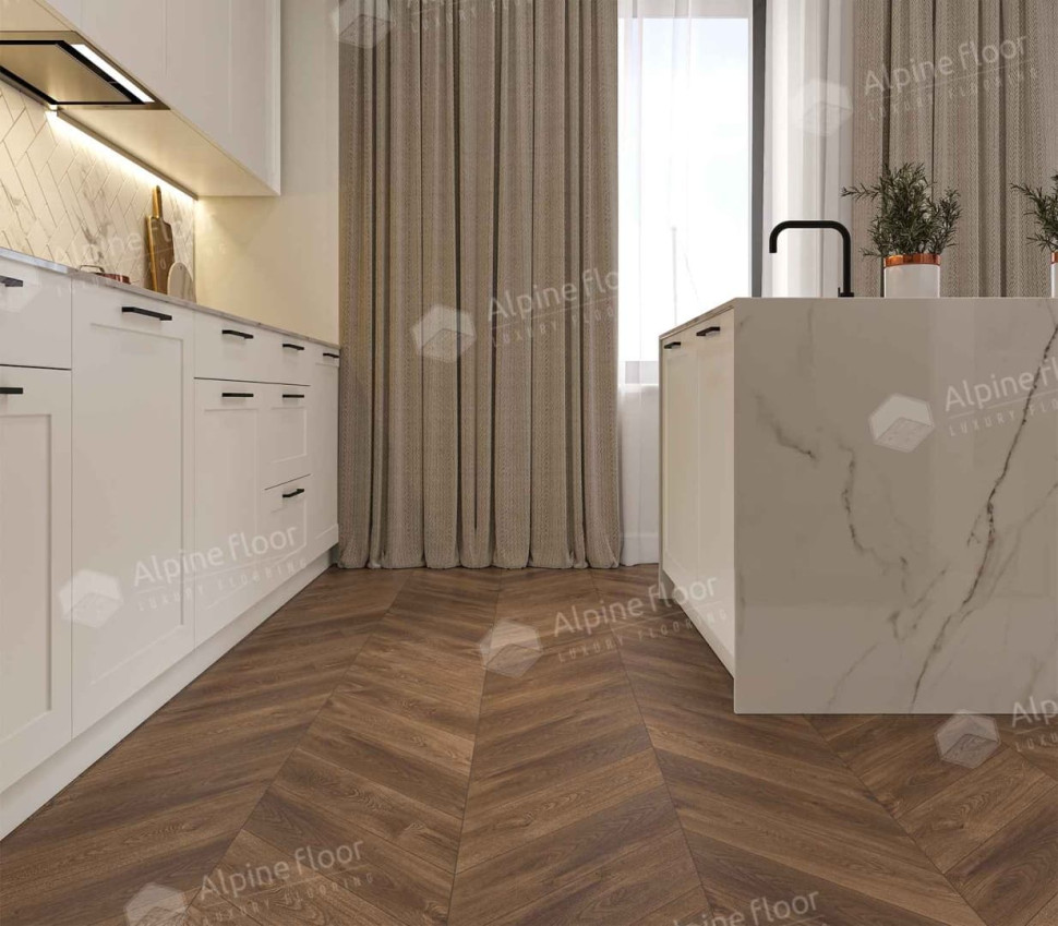 Кварц-винил Alpine floor Шеврон 18-13 Дуб Коричневый
